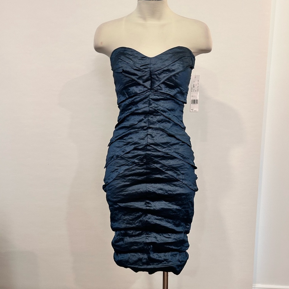 Nicole Miller Metallic Navy Ruched Strapless Dress BS0196 Size 2 Retail $420